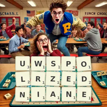 Kreatywna ilustracja do gry w Scrabble ze słowem UWSPOLRZEDNIANE ułożonym z płytek na planszy.