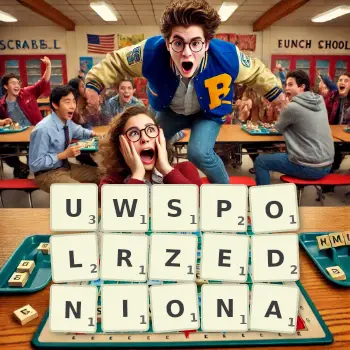 Kreatywna ilustracja do gry w Scrabble ze słowem UWSPOLRZEDNIONA ułożonym z płytek na planszy.