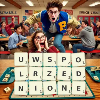 Kreatywna ilustracja do gry w Scrabble ze słowem UWSPOLRZEDNIONE ułożonym z płytek na planszy.