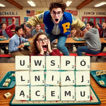 Kreatywna ilustracja do gry w Scrabble ze słowem UWSPÓLNIAJĄCEMU ułożonym z płytek na planszy.