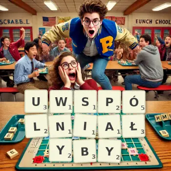 Kreatywna ilustracja do gry w Scrabble ze słowem UWSPÓLNIAŁYBY ułożonym z płytek na planszy.