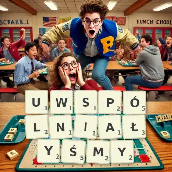 Kreatywna ilustracja do gry w Scrabble ze słowem UWSPÓLNIAŁYŚMY ułożonym z płytek na planszy.