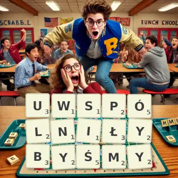 Kreatywna ilustracja do gry w Scrabble ze słowem UWSPÓLNIŁYBYŚMY ułożonym z płytek na planszy.