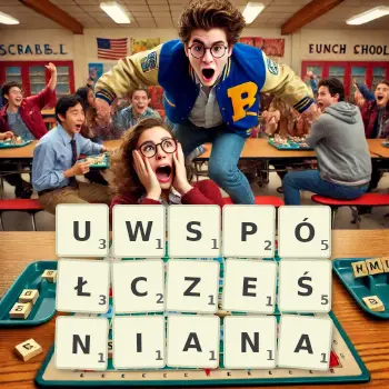 Kreatywna ilustracja do gry w Scrabble ze słowem UWSPÓŁCZEŚNIANA ułożonym z płytek na planszy.