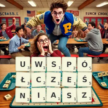 Kreatywna ilustracja do gry w Scrabble ze słowem UWSPÓŁCZEŚNIASZ ułożonym z płytek na planszy.