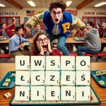 Kreatywna ilustracja do gry w Scrabble ze słowem UWSPÓŁCZEŚNIENI ułożonym z płytek na planszy.