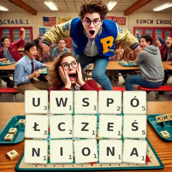 Kreatywna ilustracja do gry w Scrabble ze słowem UWSPÓŁCZEŚNIONA ułożonym z płytek na planszy.