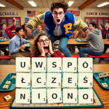 Kreatywna ilustracja do gry w Scrabble ze słowem UWSPÓŁCZEŚNIONO ułożonym z płytek na planszy.