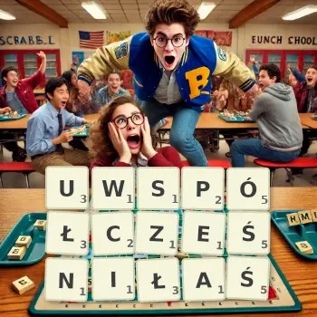 Kreatywna ilustracja do gry w Scrabble ze słowem UWSPÓŁCZEŚNIŁAŚ ułożonym z płytek na planszy.