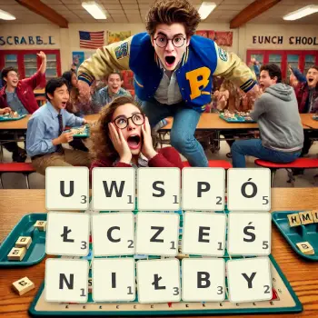 Kreatywna ilustracja do gry w Scrabble ze słowem UWSPÓŁCZEŚNIŁBY ułożonym z płytek na planszy.