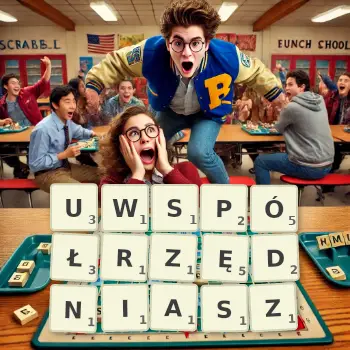 Kreatywna ilustracja do gry w Scrabble ze słowem UWSPÓŁRZĘDNIASZ ułożonym z płytek na planszy.