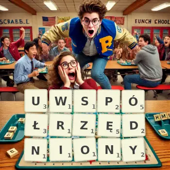 Kreatywna ilustracja do gry w Scrabble ze słowem UWSPÓŁRZĘDNIONY ułożonym z płytek na planszy.