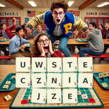 Kreatywna ilustracja do gry w Scrabble ze słowem UWSTECZNIAJZE ułożonym z płytek na planszy.