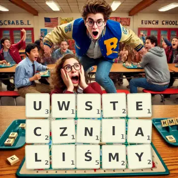 Kreatywna ilustracja do gry w Scrabble ze słowem UWSTECZNIALIŚMY ułożonym z płytek na planszy.