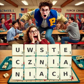 Kreatywna ilustracja do gry w Scrabble ze słowem UWSTECZNIANIACH ułożonym z płytek na planszy.