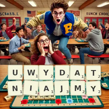 Kreatywna ilustracja do gry w Scrabble ze słowem UWYDATNIAJMY ułożonym z płytek na planszy.