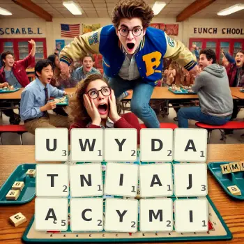 Kreatywna ilustracja do gry w Scrabble ze słowem UWYDATNIAJĄCYMI ułożonym z płytek na planszy.