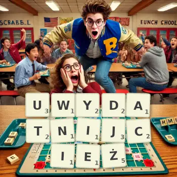 Kreatywna ilustracja do gry w Scrabble ze słowem UWYDATNIJCIEŻ ułożonym z płytek na planszy.
