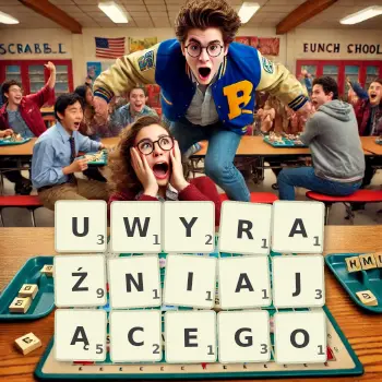 Kreatywna ilustracja do gry w Scrabble ze słowem UWYRAŹNIAJĄCEGO ułożonym z płytek na planszy.