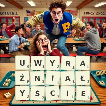 Kreatywna ilustracja do gry w Scrabble ze słowem UWYRAŹNIAŁYŚCIE ułożonym z płytek na planszy.