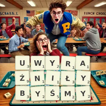 Kreatywna ilustracja do gry w Scrabble ze słowem UWYRAŹNIŁYBYŚMY ułożonym z płytek na planszy.