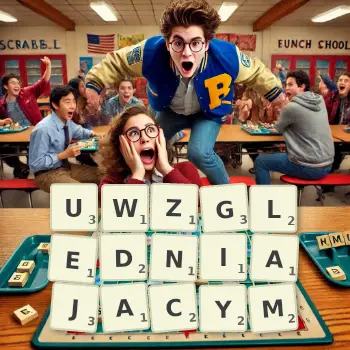 Kreatywna ilustracja do gry w Scrabble ze słowem UWZGLEDNIAJACYM ułożonym z płytek na planszy.