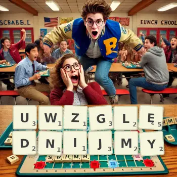 Kreatywna ilustracja do gry w Scrabble ze słowem UWZGLĘDNIJMY ułożonym z płytek na planszy.