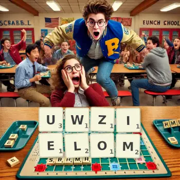 Kreatywna ilustracja do gry w Scrabble ze słowem UWZIELOM ułożonym z płytek na planszy.