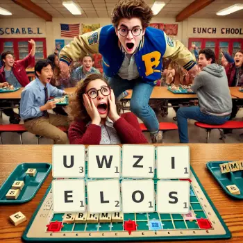 Kreatywna ilustracja do gry w Scrabble ze słowem UWZIELOS ułożonym z płytek na planszy.