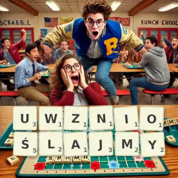 Kreatywna ilustracja do gry w Scrabble ze słowem UWZNIOŚLAJMY ułożonym z płytek na planszy.