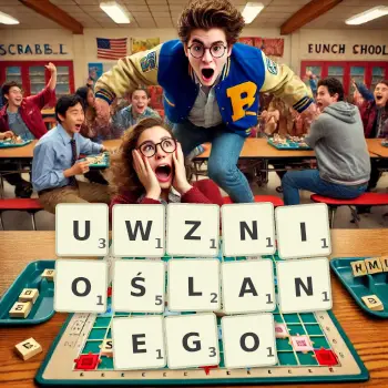 Kreatywna ilustracja do gry w Scrabble ze słowem UWZNIOŚLANEGO ułożonym z płytek na planszy.