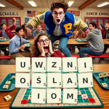 Kreatywna ilustracja do gry w Scrabble ze słowem UWZNIOŚLANIOM ułożonym z płytek na planszy.