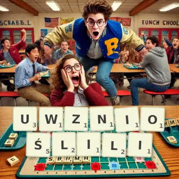Kreatywna ilustracja do gry w Scrabble ze słowem UWZNIOŚLILI ułożonym z płytek na planszy.