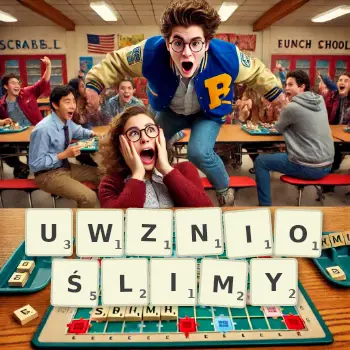 Kreatywna ilustracja do gry w Scrabble ze słowem UWZNIOŚLIMY ułożonym z płytek na planszy.