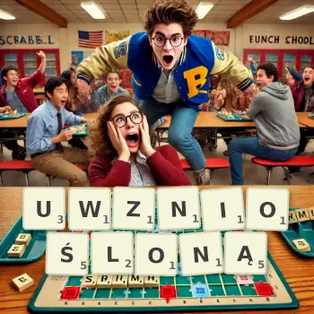 Kreatywna ilustracja do gry w Scrabble ze słowem UWZNIOŚLONĄ ułożonym z płytek na planszy.