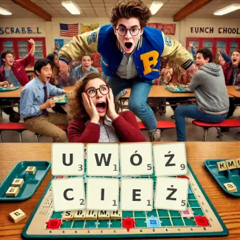 Kreatywna ilustracja do gry w Scrabble ze słowem UWÓŹCIEŻ ułożonym z płytek na planszy.