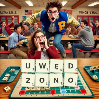 Kreatywna ilustracja do gry w Scrabble ze słowem UWĘDZONO ułożonym z płytek na planszy.