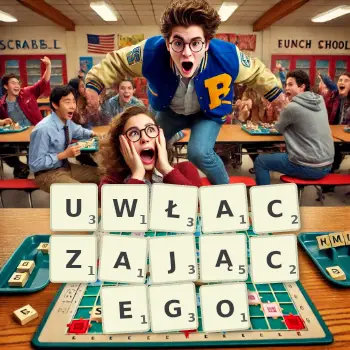 Kreatywna ilustracja do gry w Scrabble ze słowem UWŁACZAJĄCEGO ułożonym z płytek na planszy.