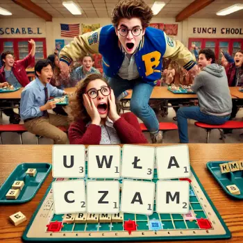 Kreatywna ilustracja do gry w Scrabble ze słowem UWŁACZAM ułożonym z płytek na planszy.