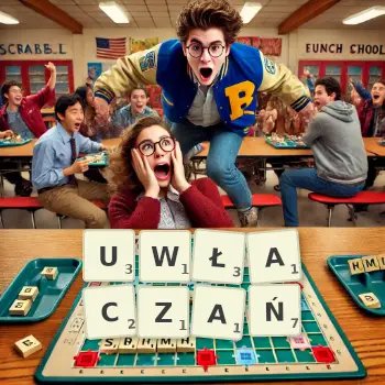 Kreatywna ilustracja do gry w Scrabble ze słowem UWŁACZAŃ ułożonym z płytek na planszy.