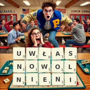 Kreatywna ilustracja do gry w Scrabble ze słowem UWŁASNOWOLNIENI ułożonym z płytek na planszy.