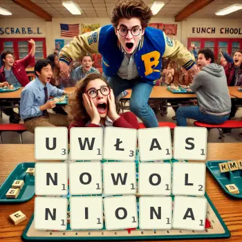 Kreatywna ilustracja do gry w Scrabble ze słowem UWŁASNOWOLNIONA ułożonym z płytek na planszy.