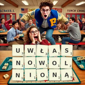 Kreatywna ilustracja do gry w Scrabble ze słowem UWŁASNOWOLNIONĄ ułożonym z płytek na planszy.