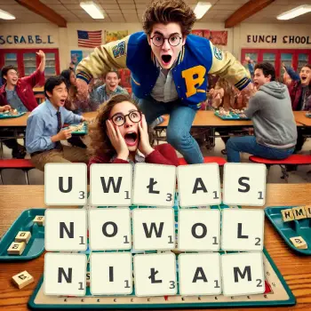 Kreatywna ilustracja do gry w Scrabble ze słowem UWŁASNOWOLNIŁAM ułożonym z płytek na planszy.