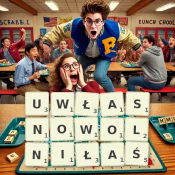 Kreatywna ilustracja do gry w Scrabble ze słowem UWŁASNOWOLNIŁAŚ ułożonym z płytek na planszy.