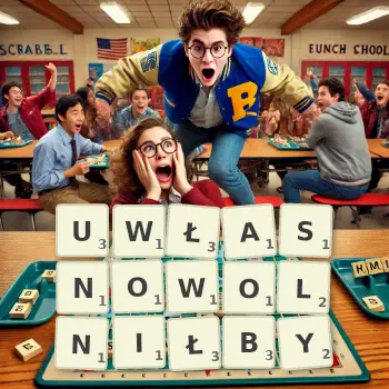 Kreatywna ilustracja do gry w Scrabble ze słowem UWŁASNOWOLNIŁBY ułożonym z płytek na planszy.