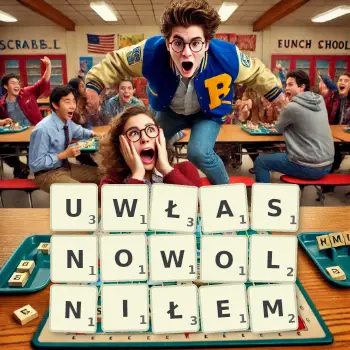 Kreatywna ilustracja do gry w Scrabble ze słowem UWŁASNOWOLNIŁEM ułożonym z płytek na planszy.