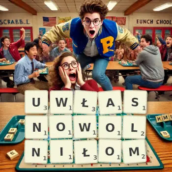 Kreatywna ilustracja do gry w Scrabble ze słowem UWŁASNOWOLNIŁOM ułożonym z płytek na planszy.