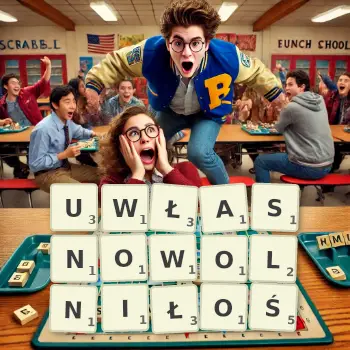 Kreatywna ilustracja do gry w Scrabble ze słowem UWŁASNOWOLNIŁOŚ ułożonym z płytek na planszy.