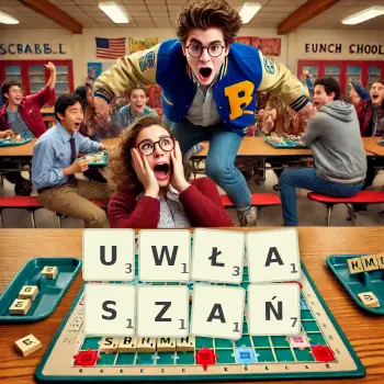 Kreatywna ilustracja do gry w Scrabble ze słowem UWŁASZAŃ ułożonym z płytek na planszy.